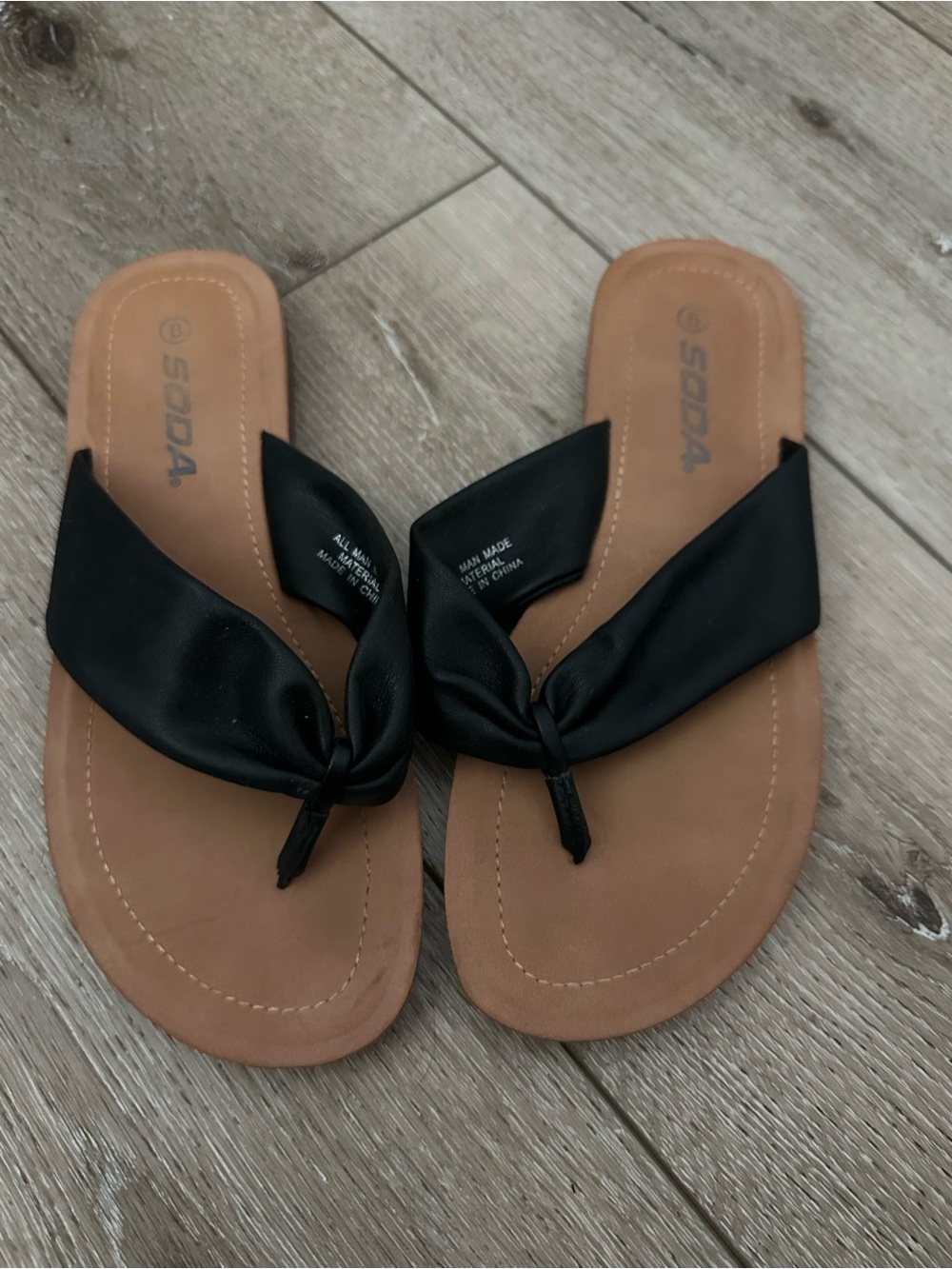 Soda Black Knotted Thong Sandals with Tan Footbed